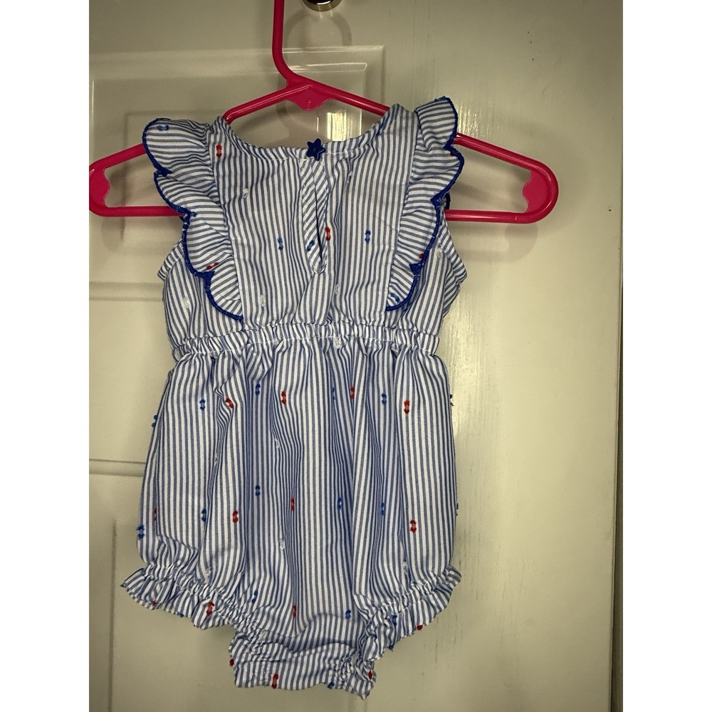 Cat & Jack Baby Girls Blue White Striped Floral Embroidered Bubble Romper 0-3M - Picture 3 of 3